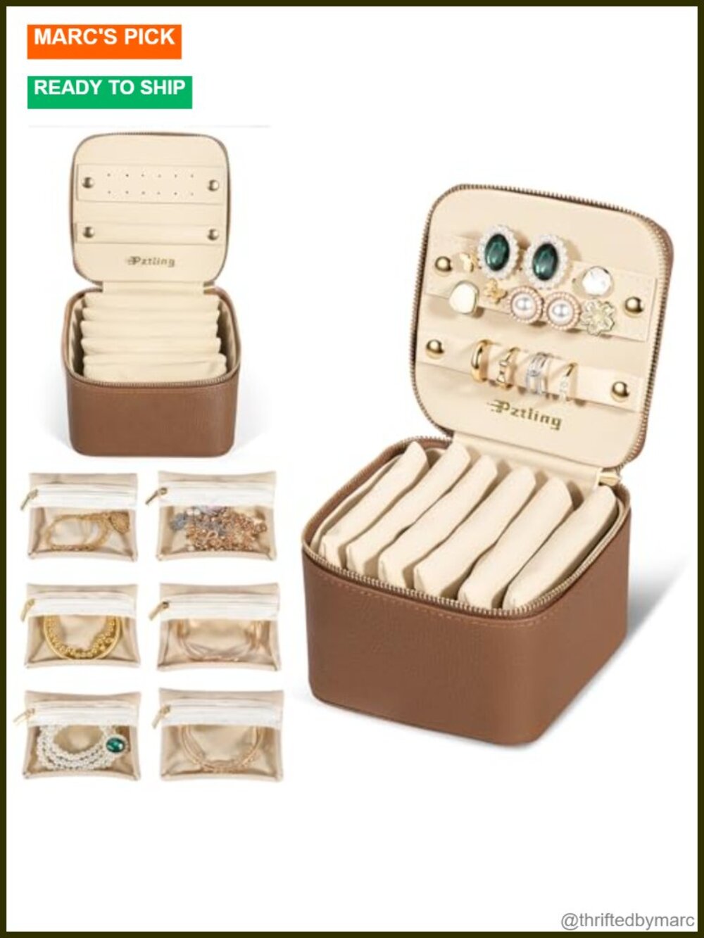 PU Leather Travel Jewelry Case Organizer with 6 Velvet Pouches & Ring Slots